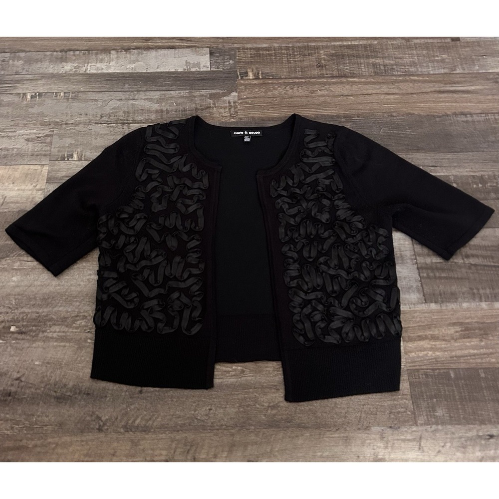 Cable & Gauge Women's Black Knit Open-Front Ruffle Cardigan Sweater 3/4 Sleeve S